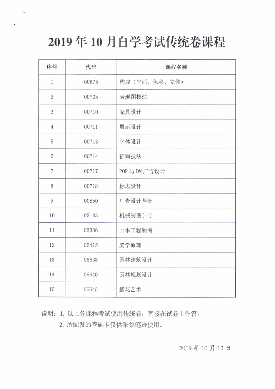 2019年10月自学考试传统卷课程