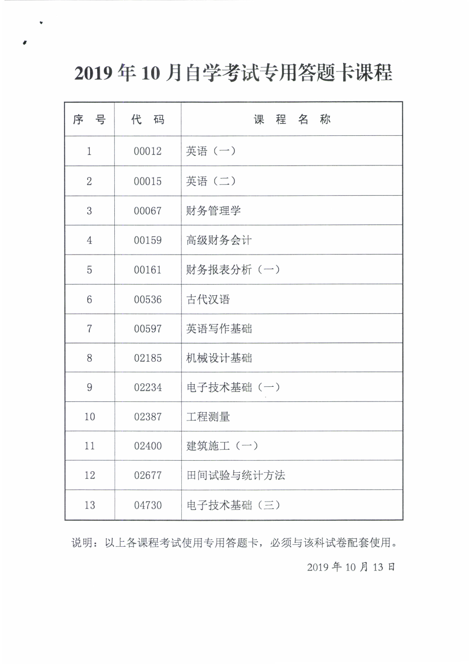 2019年10月自学考试专用答题卡课程